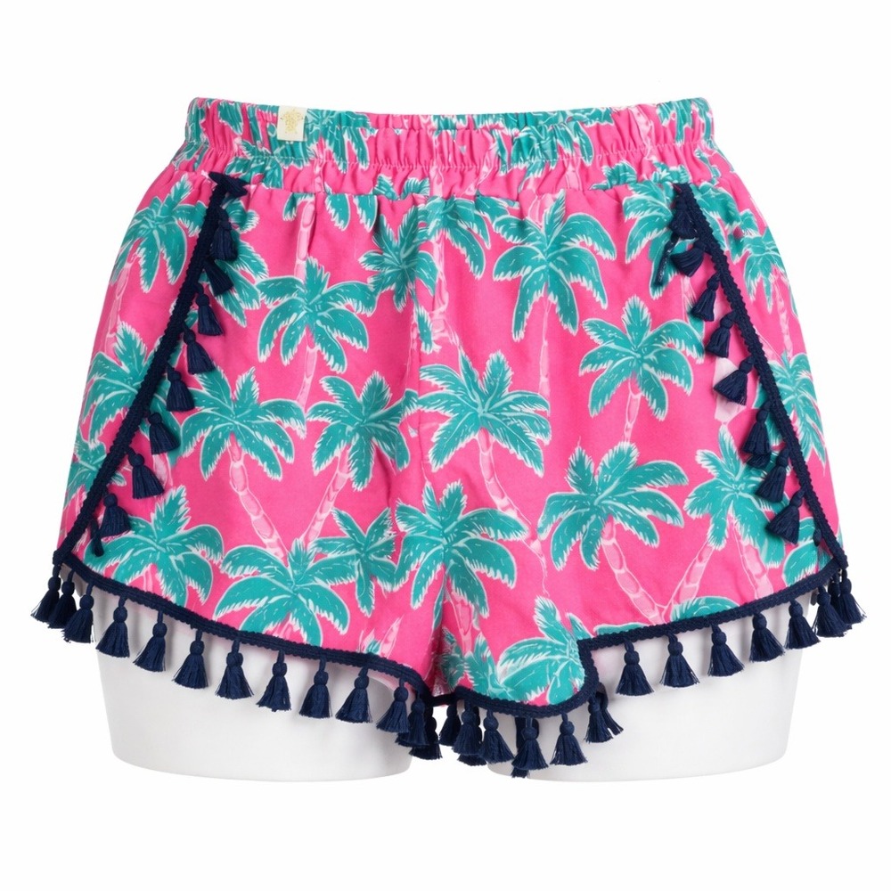Simply Southern‎ Pink Palm Tree Tassel Shorts Lined Y2K Coastal Summercore XL
